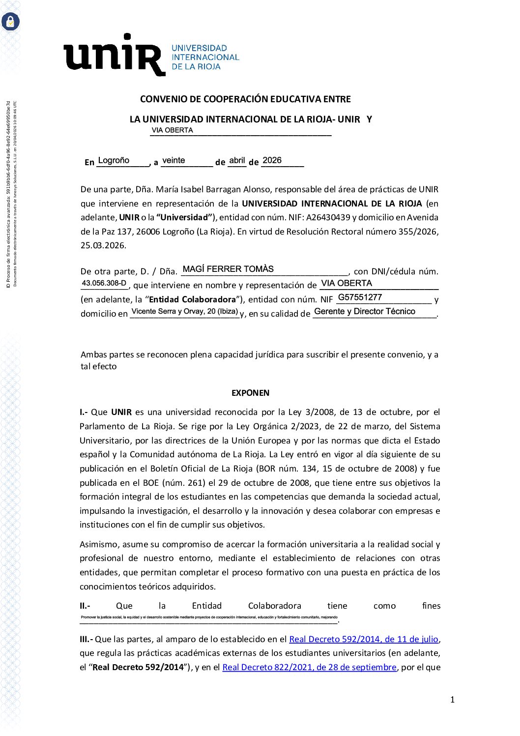 CONVENIO DE COOPERACIÓN EDUCATIVA UNIR – VÍA OBERTA